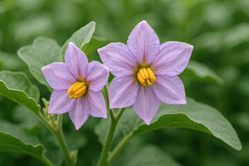 Close-up of two blooming purple flowers with yellow centers and green foliage.