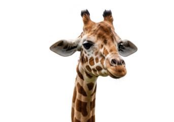 The head and neck of a giraffe with distinctive spots, isolated on a transparent background