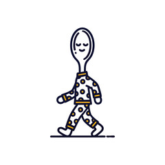 Whimsical Spoon in Polka Dot Pajamas. This delightful cutlery figure, dressed in spotted sleepwear, strolls calmly. It symbolizes a gentle start to the day or the comfort of home.
