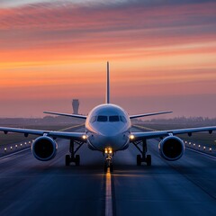 Naklejka premium Lone Aircraft Taxiing with Illuminated Path at Dusk Under a Clear Twilight Sky