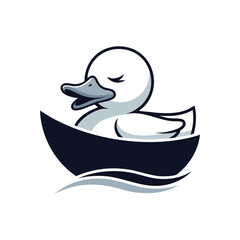 Peaceful Duck Boat Voyage. A charming illustration of a white fowl resting calmly inside a dark vessel on gentle waves, symbolizing serene journeys or tranquil adventures.