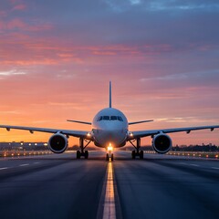 Lone Aircraft Taxiing with Illuminated Path at Dusk Under a Clear Twilight Sky