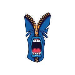Screaming Zipper Face. Vibrant illustration of an unfastened garment closure revealing a wide open, vocalizing mouth. Captures intense emotion, expressing release or outburst.