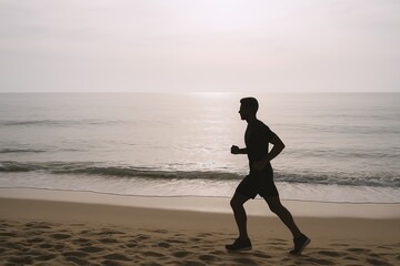 Silhouette of a man running along the beach at sunset with calm ocean waves and cloudy sky in the background.