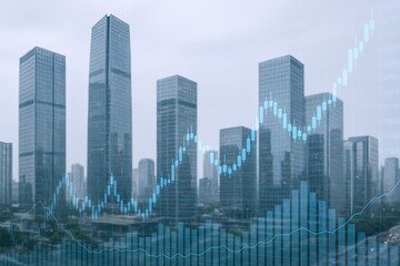 Modern cityscape with tall skyscrapers and digital data overlay showcasing business growth.
