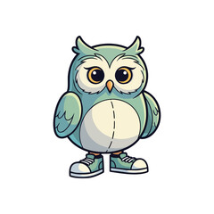 Cute Cartoon Owl Wearing Sneakers. This charming animated bird character, renowned for wisdom, sports fashionable footwear, symbolizing a playful, modern spirit. Ideal for children's designs.