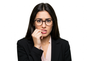 A young businesswoman with glasses nervously bites her nails, expressing anxiety on a transparent background