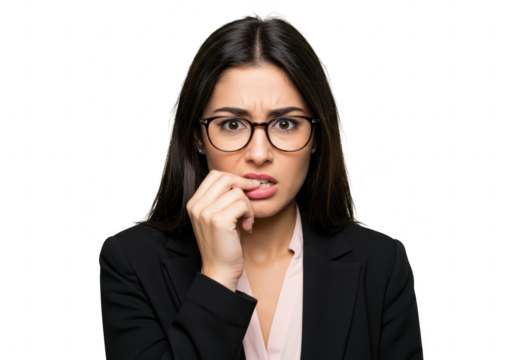A young businesswoman with glasses nervously bites her nails, expressing anxiety on a transparent background