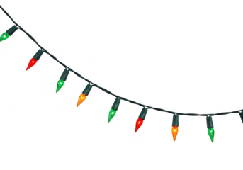 A string of colorful christmas lights with red, green, and orange bulbs, glowing brightly against a transparent background