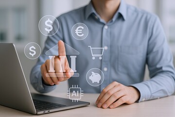 Obraz premium Businessman Using Touchscreen Interface with Financial and Shopping Icons on Laptop.