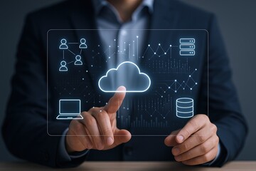 Businessman interacting with digital cloud computing interface advances in technology concept.
