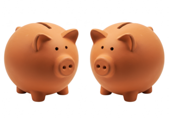 Two terracotta piggy banks side by side, symbolizing savings and financial growth, isolated on a transparent background