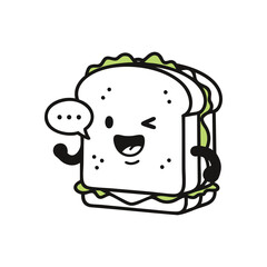 Cheerful Sandwich Icon Winking. This delightful food mascot with a speech bubble conveys friendly communication and a playful mood, perfect for food-related designs or happy meal concepts.