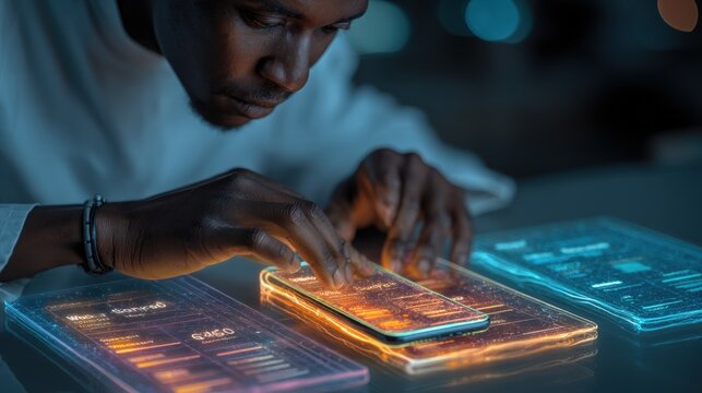 African American Man Interacting with Futuristic Transparent Touchscreen Devices, Analyzing Data, Modern Technology, Innovation, and Digital Transformation