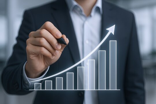 Businessman drawing a rising growth chart with an upward arrow on a transparent glass board.
