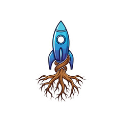 Rooted Rocket Progress. This illustration symbolizes innovation and sustainable advancement. A vibrant blue spaceship interwoven with deep roots conveys potential, stability, and future aspirations.