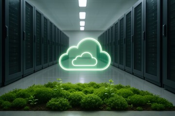 Modern data center corridor with illuminated cloud symbol and green plants at night.