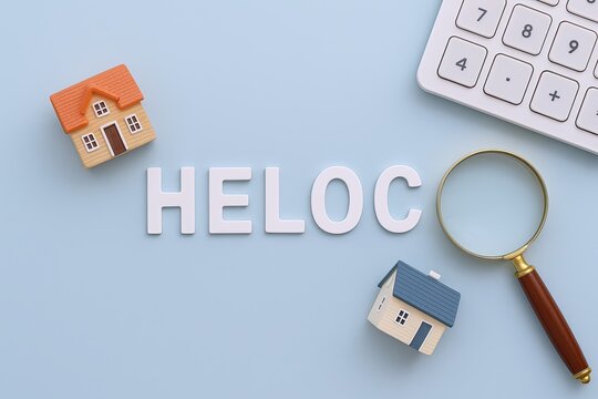 Flat lay arrangement of small house models magnifying glass and computer keyboard with text HELoc on pastel blue background.