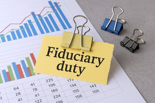Desk with Financial Charts and a yellow paper note reading Fiduciary duty for business management.