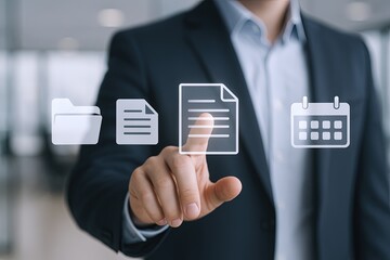 Businessman pressing digital document icon for electronic file management in office.