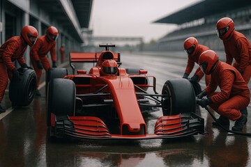Naklejka premium Formula One Pit Stop Team Working on Red Race Car During Wet Race Scenario.