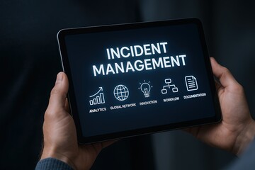 Hand holding tablet displaying incident management interface with analytics and workflow features.