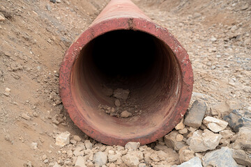 Large drainage pipe in the ground with dark inside and red outside. Dirt and stones around it. Close-up.
