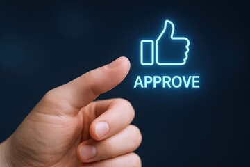 Close-up of a hand pointing towards illuminated thumbs-up sign with approve text on dark background.