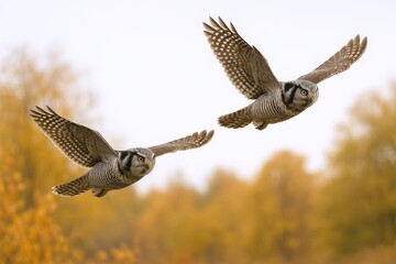 Fototapeta premium Two Hawk Owls in Flight, Autumn Background