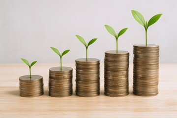 Growing Financial Success Concept with Coins and Plant Sprouts Increasing in Height.