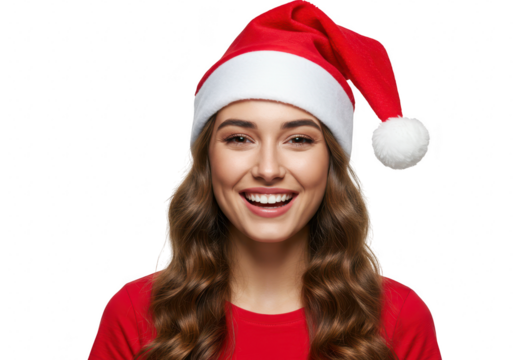 A joyful young woman wearing a santa hat smiles brightly, embodying the festive spirit of christmas, isolated on a transparent background