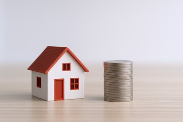 Small white house model with red roof and stacked coins on light wooden surface.