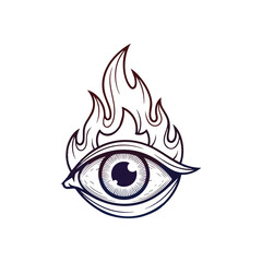 Flaming Eye Mystical Symbol. An illuminated ocular design engulfed in flames. This vibrant graphic embodies intuition, passion, and intense spiritual awareness.