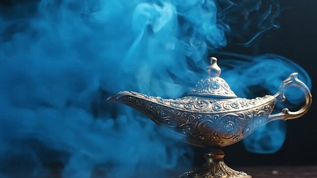 An ornate golden Aladdins lamp with blue smoke emanating