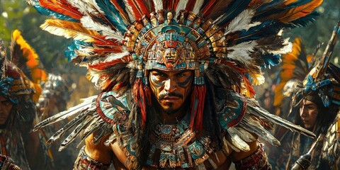 Man wearing elaborate feathered headdress and chest armor with turquoise, red, brown details standing outdoors with others behind. Generative by AI.
