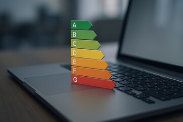 Energy efficiency rating scale with colorful arrow indicators on laptop keyboard screen.