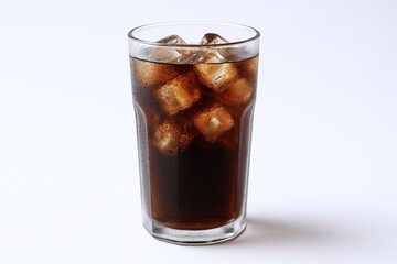 Cold Refreshing Glass of Dark Cola with Ice Cubes on White Background.