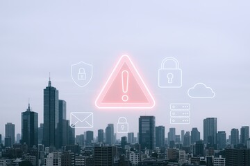 Modern city skyline with digital security icons and warning alert overlay.
