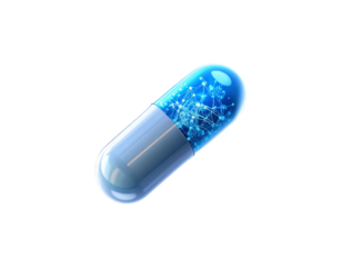 Futuristic Microscopic Capsule Floating in Plasma Stream with Digital Interface Overlay, Isolated on Transparent Background PNG (2)