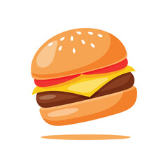 Classic Cartoon Hamburger Design. A cheerful stylized burger floats, complete with bun, patty, melty cheese, and red tomato slice. Represents tasty satisfaction and modern culinary ease.