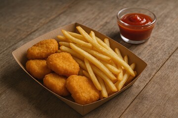 Fototapeta premium Crispy chicken nuggets and French fries served with ketchup on wooden table.