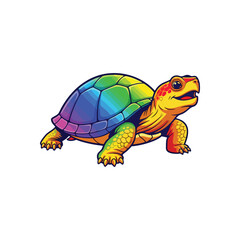 Vibrant Rainbow Turtle Illustration. A charming cartoon tortoise boasts a vivid spectrum shell, radiating happiness and bright energy. Ideal for children's creative designs.