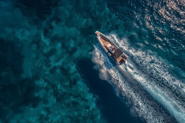 Naklejka premium Luxurious rigid inflatable speed boat captured from above speeding across the deep azure waters