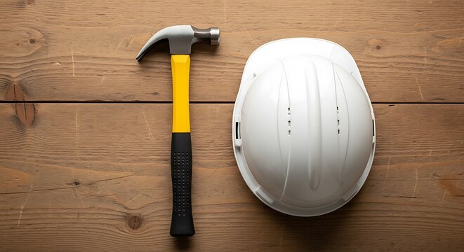 Top-down view featuring a hammer and a hard hat on a wooden surface showcase building tools