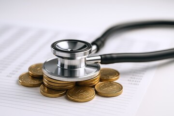 Stethoscope and Coins Resting on Financial Document Symbolizing Healthcare Expenses and Medical Billing.