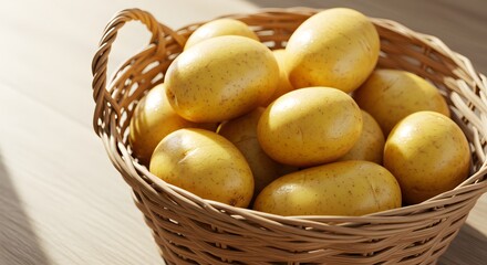 Potatoes in a woven basket. Yellow vegetables full of earthy flavor, fresh from the farm