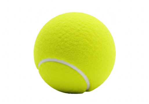 A bright yellow tennis ball with a white stripe, isolated on a clean transparent background