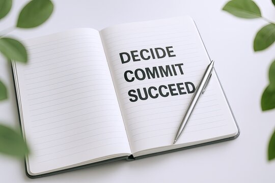 Open notebook with motivational checklist with decision commit succeed text on page.