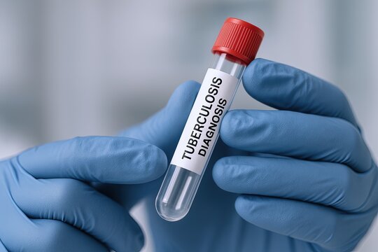 Close-up of a medical professional holding a labeled tuberculosis test tube in a clinical environment.