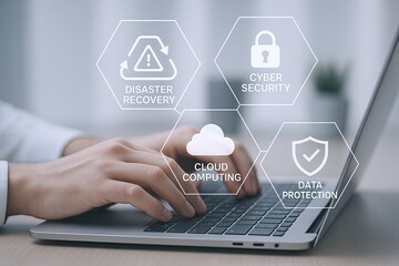 Modern digital technology icons representing disaster recovery cybersecurity cloud computing data protection.
